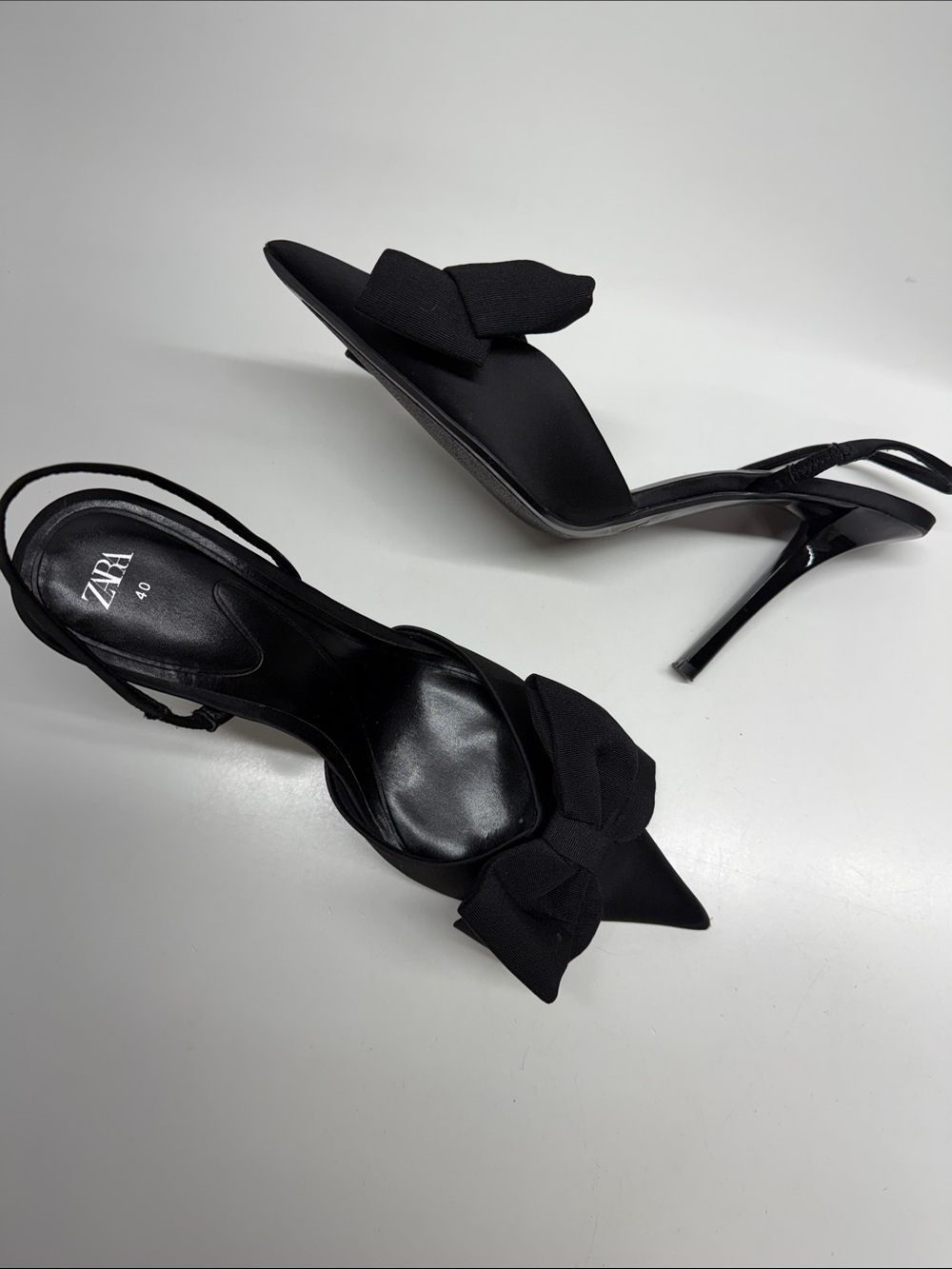 Zara Bow Heels Pointed Toe High Heel Shoes Slingback Stretch Satin Black Size 10 - Picture 6 of 10